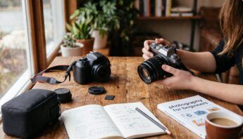 Ένα DSLR και μια mirrorless κάμερα πάνω σε ξύλινο τραπέζι, δίπλα σε σημειωματάριο με σημειώσεις για ISO και ταχύτητα κλείστρου