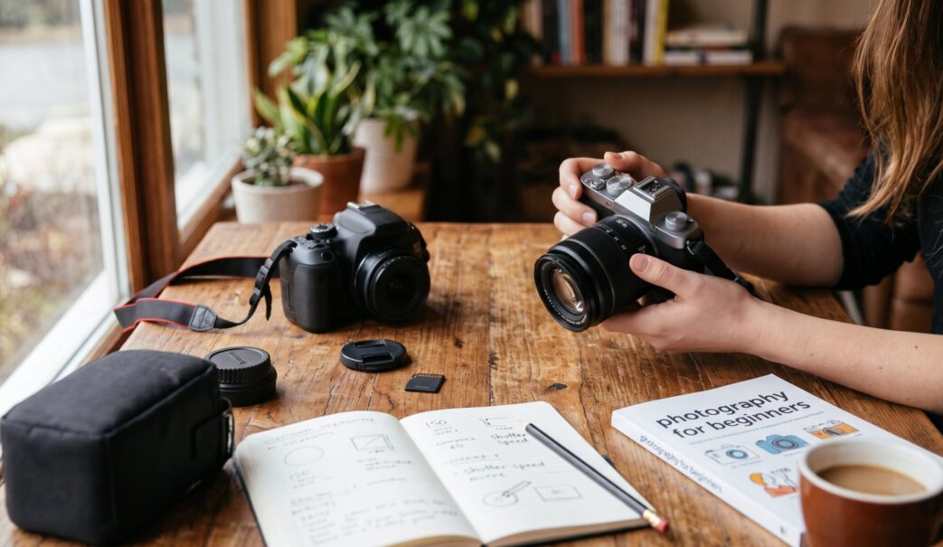 Ένα DSLR και μια mirrorless κάμερα πάνω σε ξύλινο τραπέζι, δίπλα σε σημειωματάριο με σημειώσεις για ISO και ταχύτητα κλείστρου