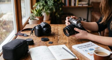 Ένα DSLR και μια mirrorless κάμερα πάνω σε ξύλινο τραπέζι, δίπλα σε σημειωματάριο με σημειώσεις για ISO και ταχύτητα κλείστρου