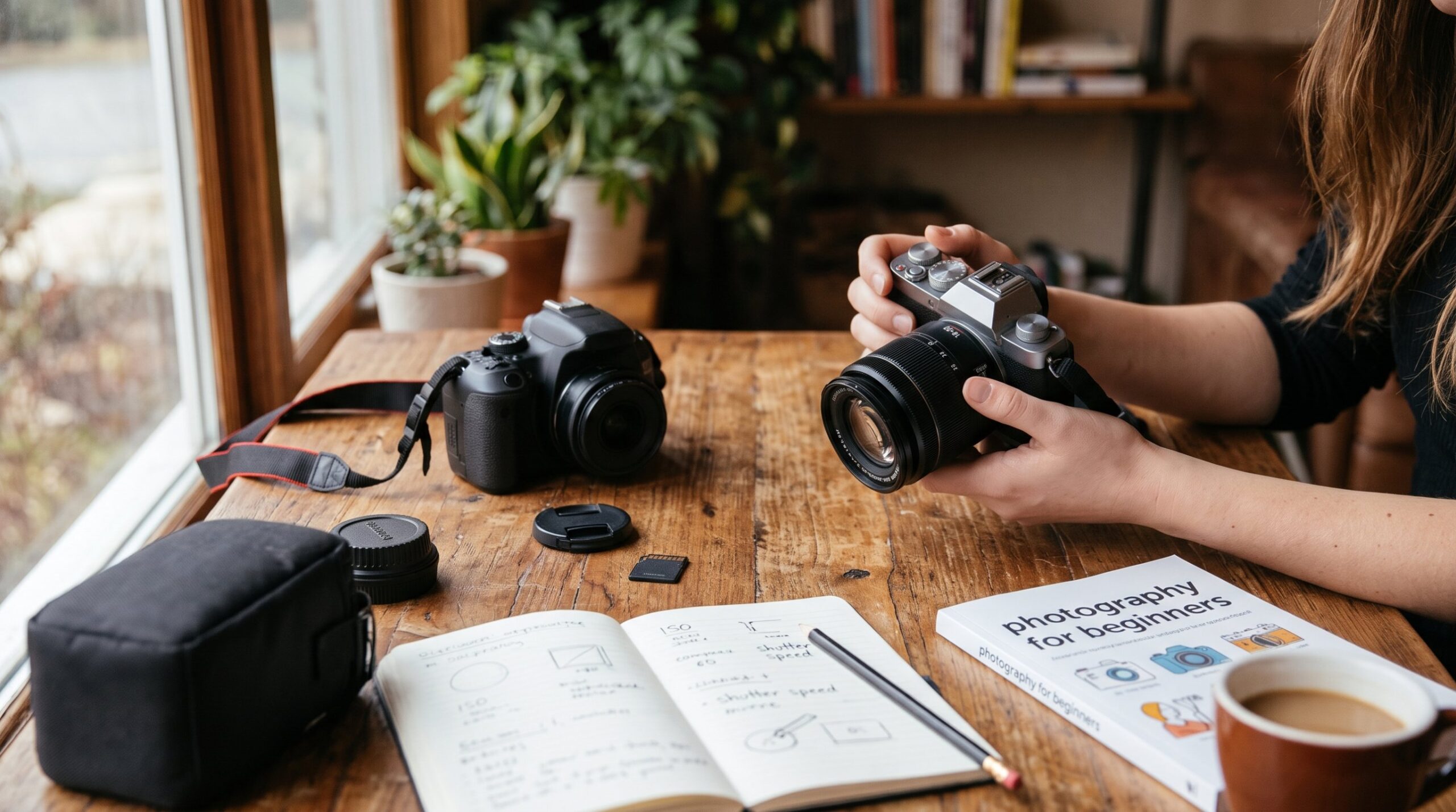 Ένα DSLR και μια mirrorless κάμερα πάνω σε ξύλινο τραπέζι, δίπλα σε σημειωματάριο με σημειώσεις για ISO και ταχύτητα κλείστρου